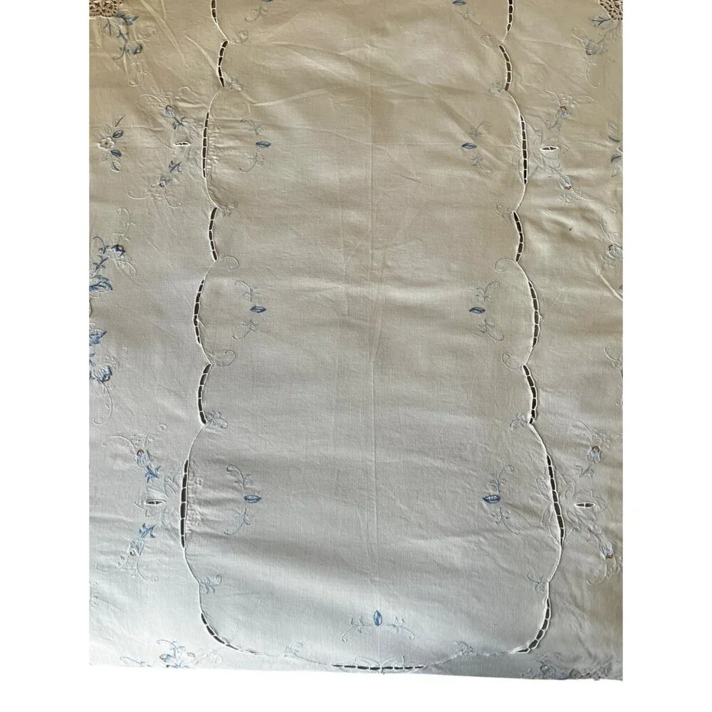 Embroidered Tablecloth With Blue Floral Cutwork Crocheted Inserts Vintage